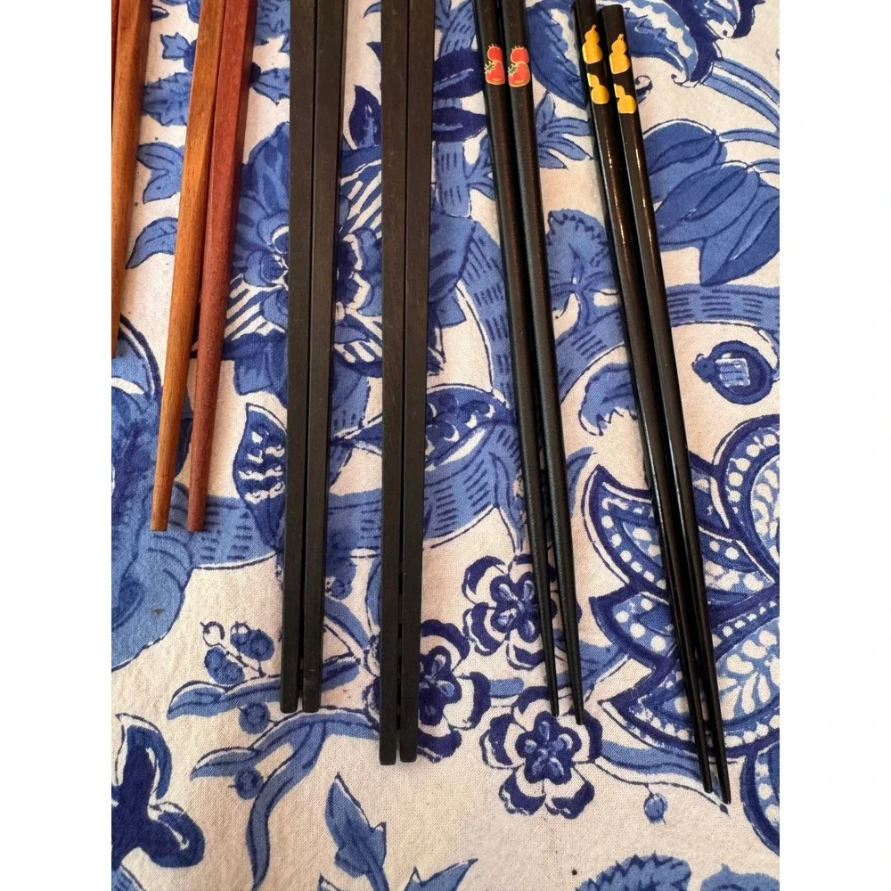 Vintage Assorted Chopsticks Set 9 Pairs Bamboo Carved Wood Lacquer Inlaid Decor